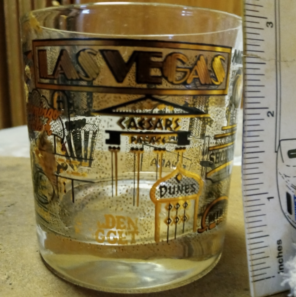 22 kt. Gold and black, on Carver Glass, Vintage 3" Casino Low-ball Glass